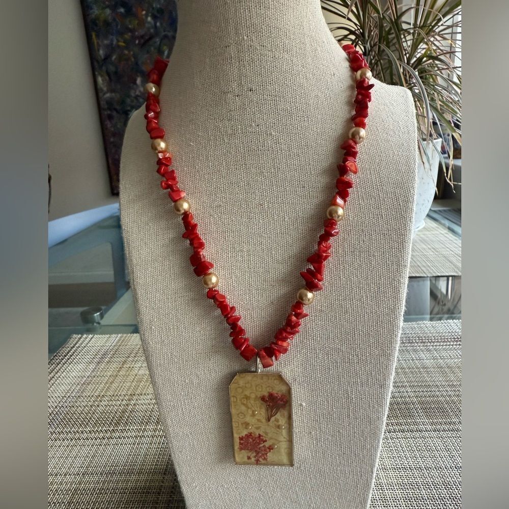Red Coral & Pearl Pendant Necklace with Silver Tone Toggle Clasp.